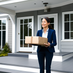A sleek, modern delivery drone gently hovering as it carefully lowers a package to a professional woman in a modest, appropriate business casual attire. She stands on the porch of a contemporary, clean-lined suburban home. The background features a clear, bright sky, suggesting an efficient and fast delivery. The scene emphasizes innovation and convenience. Perfect anatomy, natural pose, correct proportions, well-formed hands, proper finger count, natural body proportions. High quality, professional photography, safe for work, appropriate content, fully clothed, family-friendly.