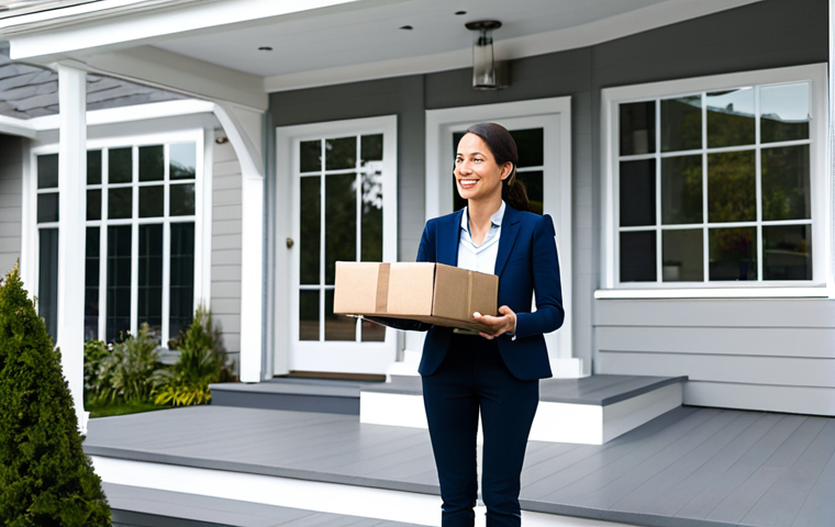 A sleek, modern delivery drone gently hovering as it carefully lowers a package to a professional woman in a modest, appropriate business casual attire. She stands on the porch of a contemporary, clean-lined suburban home. The background features a clear, bright sky, suggesting an efficient and fast delivery. The scene emphasizes innovation and convenience. Perfect anatomy, natural pose, correct proportions, well-formed hands, proper finger count, natural body proportions. High quality, professional photography, safe for work, appropriate content, fully clothed, family-friendly.