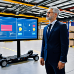 A professional logistics manager, fully clothed in a modest business suit, standing in a sophisticated smart warehouse. Autonomous guided vehicles (AGVs) efficiently move goods in the background, with large interactive screens displaying real-time data analytics and AI-powered supply chain insights. The manager is observing a holographic interface, demonstrating data-driven decision-making. The scene features bright, modern lighting and a clean, organized environment. Safe for work, appropriate content, professional dress, perfect anatomy, correct proportions, natural pose, well-formed hands, proper finger count, natural body proportions.