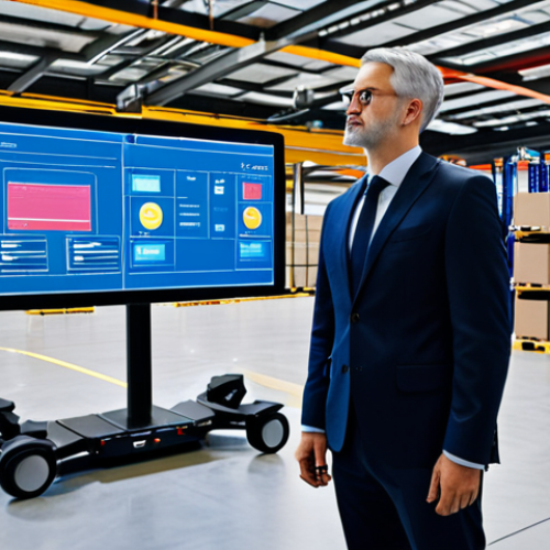 A professional logistics manager, fully clothed in a modest business suit, standing in a sophisticated smart warehouse. Autonomous guided vehicles (AGVs) efficiently move goods in the background, with large interactive screens displaying real-time data analytics and AI-powered supply chain insights. The manager is observing a holographic interface, demonstrating data-driven decision-making. The scene features bright, modern lighting and a clean, organized environment. Safe for work, appropriate content, professional dress, perfect anatomy, correct proportions, natural pose, well-formed hands, proper finger count, natural body proportions.
