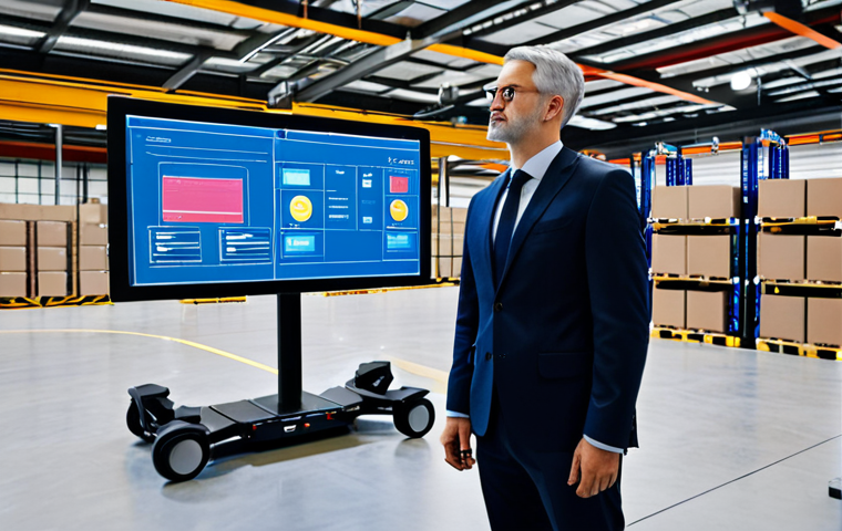 A professional logistics manager, fully clothed in a modest business suit, standing in a sophisticated smart warehouse. Autonomous guided vehicles (AGVs) efficiently move goods in the background, with large interactive screens displaying real-time data analytics and AI-powered supply chain insights. The manager is observing a holographic interface, demonstrating data-driven decision-making. The scene features bright, modern lighting and a clean, organized environment. Safe for work, appropriate content, professional dress, perfect anatomy, correct proportions, natural pose, well-formed hands, proper finger count, natural body proportions.
